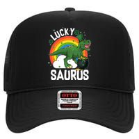 St Patrick's Day Lucky Saurus T-Rex With Pot Of Gold High Crown Mesh Back Trucker Hat