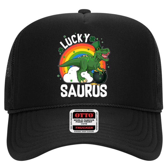 St Patrick's Day Lucky Saurus T-Rex With Pot Of Gold High Crown Mesh Back Trucker Hat