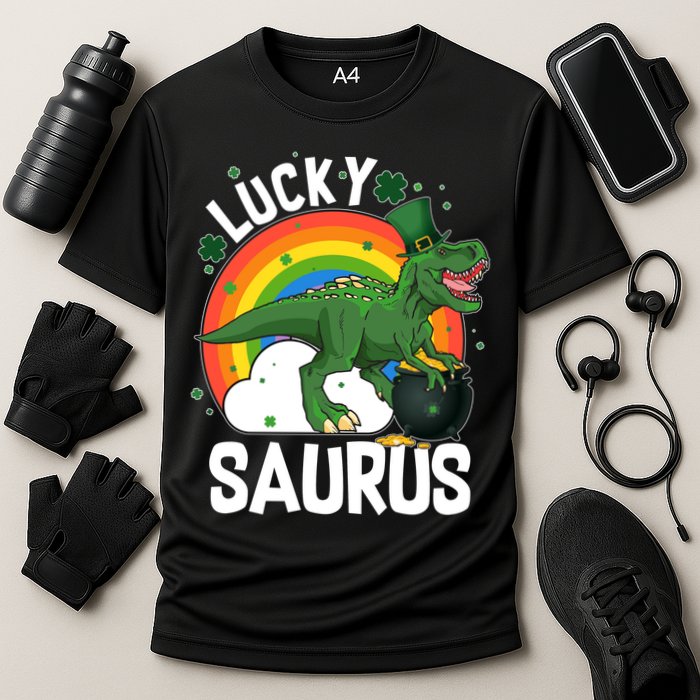 St Patrick's Day Lucky Saurus T-Rex With Pot Of Gold Performance Shirt