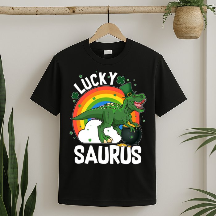 St Patrick's Day Lucky Saurus T-Rex With Pot Of Gold T-Shirt