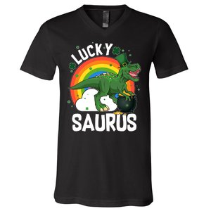 St Patrick's Day Lucky Saurus T-Rex With Pot Of Gold V-Neck T-Shirt