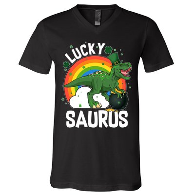 St Patrick's Day Lucky Saurus T-Rex With Pot Of Gold V-Neck T-Shirt