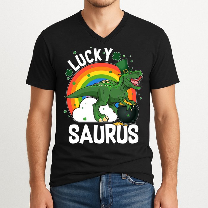 St Patrick's Day Lucky Saurus T-Rex With Pot Of Gold V-Neck T-Shirt