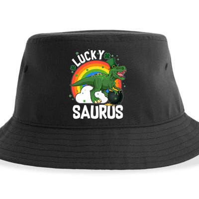 St Patrick's Day Lucky Saurus T-Rex With Pot Of Gold Sustainable Bucket Hat