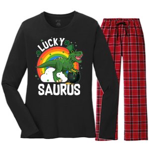 St Patrick's Day Lucky Saurus T-Rex With Pot Of Gold Women's Long Sleeve Flannel Pajama Set 