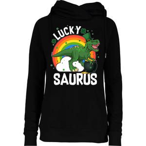 St Patrick's Day Lucky Saurus T-Rex With Pot Of Gold Womens Funnel Neck Pullover Hood