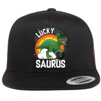 St Patrick's Day Lucky Saurus T-Rex With Pot Of Gold Flat Bill Trucker Hat