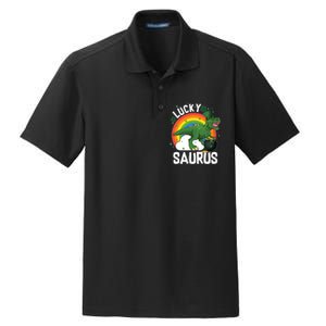 St Patrick's Day Lucky Saurus T-Rex With Pot Of Gold Dry Zone Grid Polo