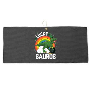 St Patrick's Day Lucky Saurus T-Rex With Pot Of Gold Large Microfiber Waffle Golf Towel