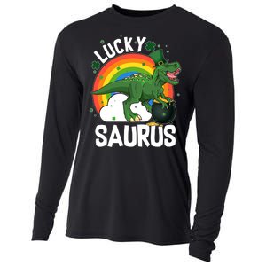 St Patrick's Day Lucky Saurus T-Rex With Pot Of Gold Cooling Performance Long Sleeve Crew