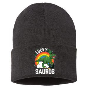 St Patrick's Day Lucky Saurus T-Rex With Pot Of Gold Sustainable Knit Beanie