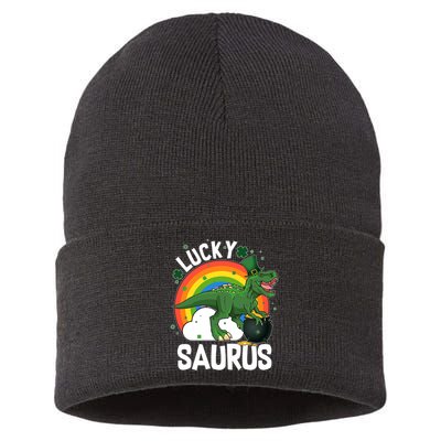 St Patrick's Day Lucky Saurus T-Rex With Pot Of Gold Sustainable Knit Beanie