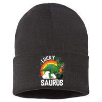 St Patrick's Day Lucky Saurus T-Rex With Pot Of Gold Sustainable Knit Beanie