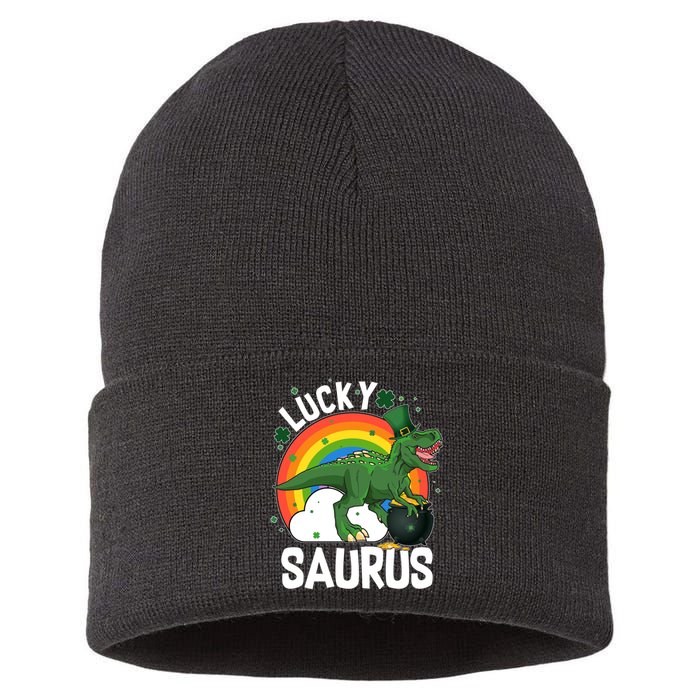 St Patrick's Day Lucky Saurus T-Rex With Pot Of Gold Sustainable Knit Beanie