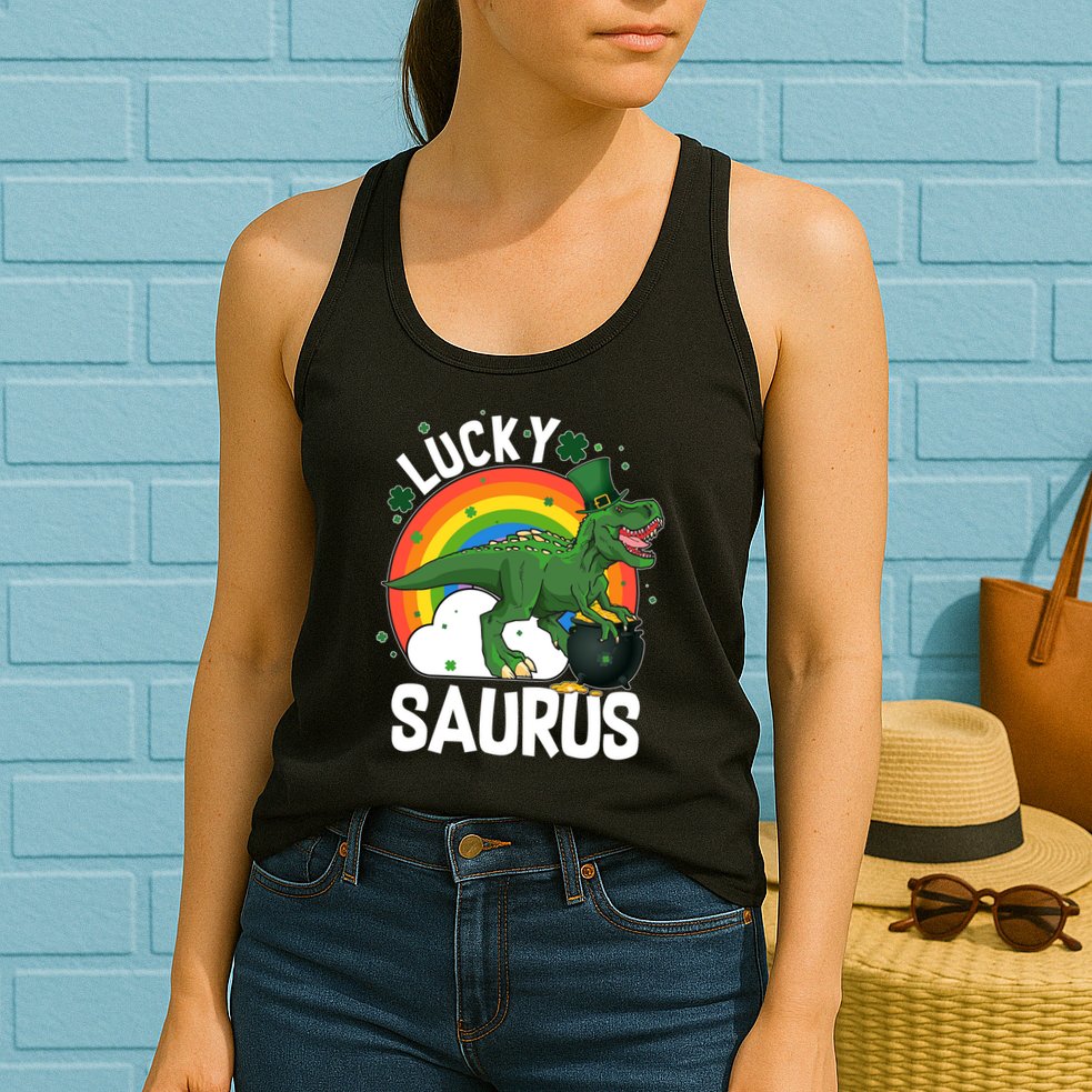 St Patrick's Day Lucky Saurus T-Rex With Pot Of Gold Womens Tank Top