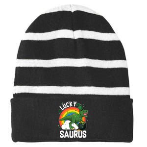 St Patrick's Day Lucky Saurus T-Rex With Pot Of Gold Striped Beanie with Solid Band