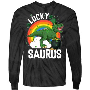 St Patrick's Day Lucky Saurus T-Rex With Pot Of Gold Tie-Dye Long Sleeve Shirt