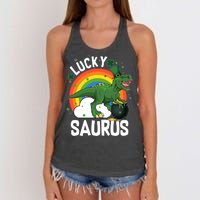 St Patrick's Day Lucky Saurus T-Rex With Pot Of Gold Women's Knotted Racerback Tank