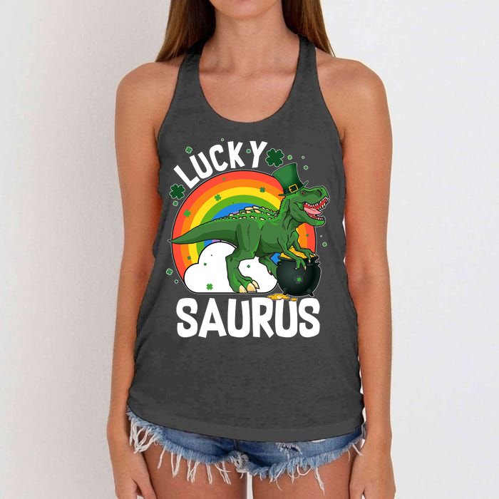 St Patrick's Day Lucky Saurus T-Rex With Pot Of Gold Women's Knotted Racerback Tank