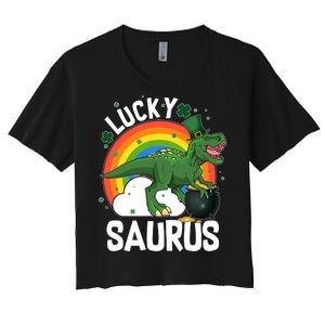 St Patrick's Day Lucky Saurus T-Rex With Pot Of Gold Women's Crop Top Tee