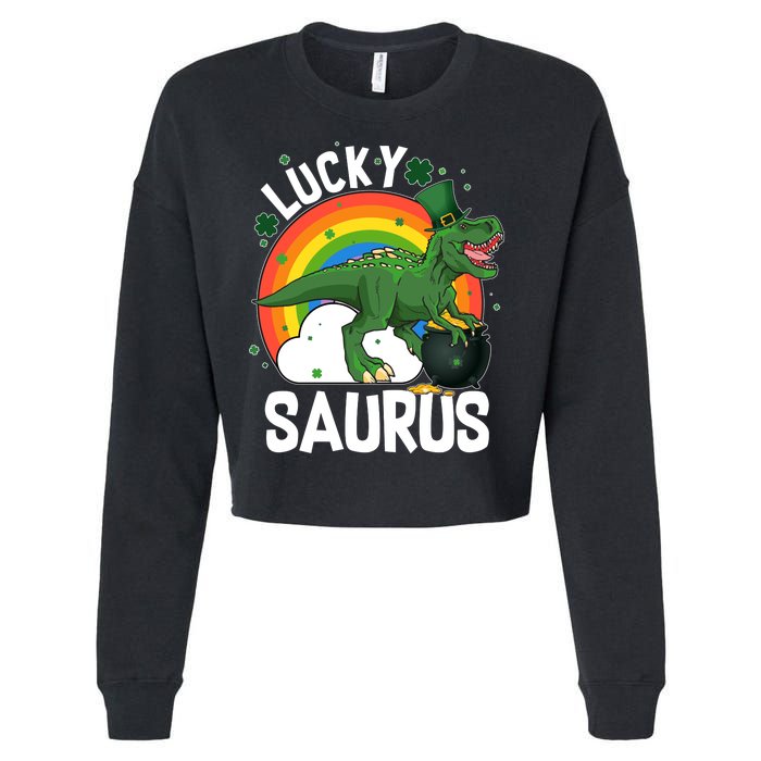 St Patrick's Day Lucky Saurus T-Rex With Pot Of Gold Cropped Pullover Crew