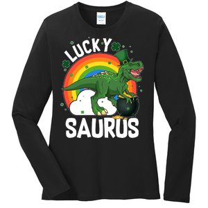 St Patrick's Day Lucky Saurus T-Rex With Pot Of Gold Ladies Long Sleeve Shirt