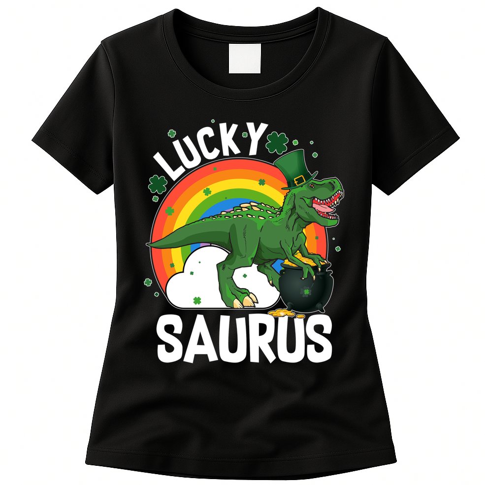 St Patrick's Day Lucky Saurus T-Rex With Pot Of Gold Womens T-Shirt