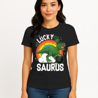 St Patrick's Day Lucky Saurus T-Rex With Pot Of Gold Womens T-Shirt