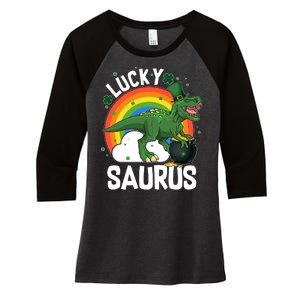 St Patrick's Day Lucky Saurus T-Rex With Pot Of Gold Women's Tri-Blend 3/4-Sleeve Raglan Shirt