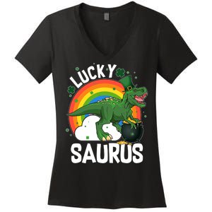 St Patrick's Day Lucky Saurus T-Rex With Pot Of Gold Women's V-Neck T-Shirt