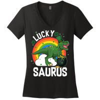 St Patrick's Day Lucky Saurus T-Rex With Pot Of Gold Women's V-Neck T-Shirt