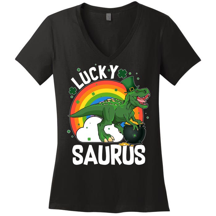 St Patrick's Day Lucky Saurus T-Rex With Pot Of Gold Women's V-Neck T-Shirt