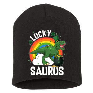 St Patrick's Day Lucky Saurus T-Rex With Pot Of Gold Short Acrylic Beanie