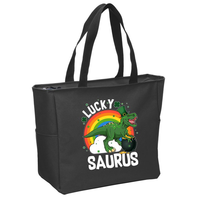 St Patrick's Day Lucky Saurus T-Rex With Pot Of Gold Zip Tote Bag