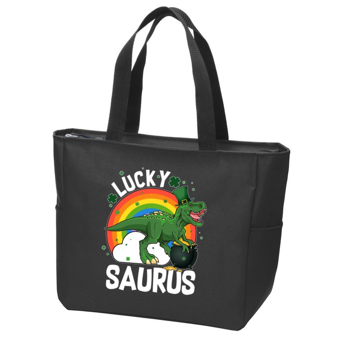 St Patrick's Day Lucky Saurus T-Rex With Pot Of Gold Zip Tote Bag