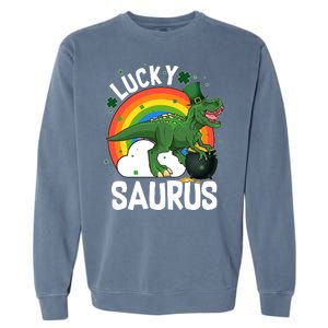 St Patrick's Day Lucky Saurus T-Rex With Pot Of Gold Garment-Dyed Sweatshirt