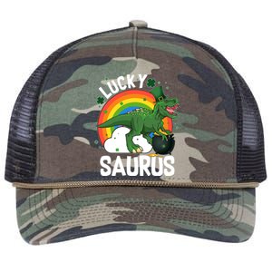 St Patrick's Day Lucky Saurus T-Rex With Pot Of Gold Retro Rope Trucker Hat Cap