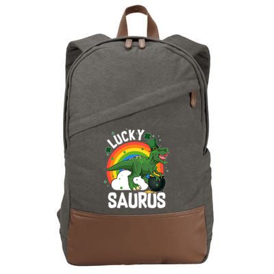 St Patrick's Day Lucky Saurus T-Rex With Pot Of Gold Cotton Canvas Backpack