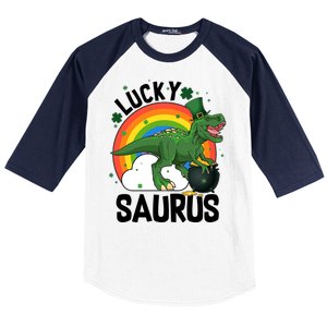 St Patrick's Day Lucky Saurus T-Rex With Pot Of Gold Baseball Sleeve Shirt