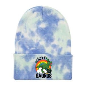 St Patrick's Day Lucky Saurus T-Rex With Pot Of Gold Tie Dye 12in Knit Beanie