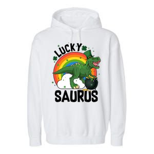 St Patrick's Day Lucky Saurus T-Rex With Pot Of Gold Garment-Dyed Fleece Hoodie