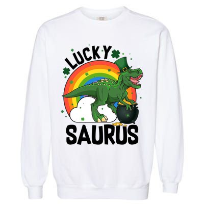 St Patrick's Day Lucky Saurus T-Rex With Pot Of Gold Garment-Dyed Sweatshirt