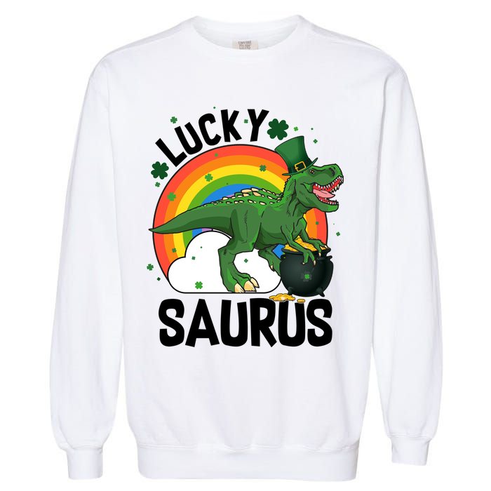 St Patrick's Day Lucky Saurus T-Rex With Pot Of Gold Garment-Dyed Sweatshirt