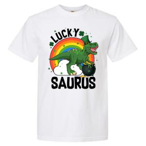 St Patrick's Day Lucky Saurus T-Rex With Pot Of Gold Garment-Dyed Heavyweight T-Shirt