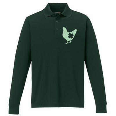 St Patrick's Day Lucky Shamrock Clover Chicken Performance Long Sleeve Polo