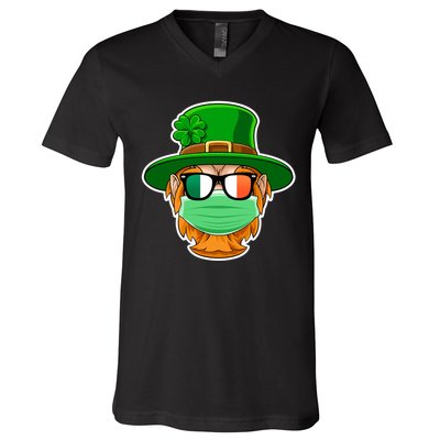 St Patrick's Day Quarantine Leprechaun With Mask V-Neck T-Shirt