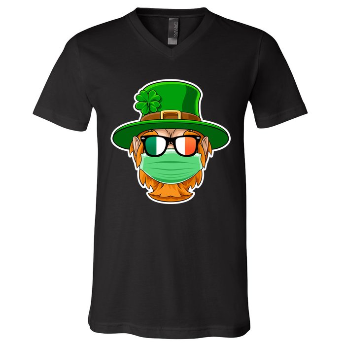 St Patrick's Day Quarantine Leprechaun With Mask V-Neck T-Shirt