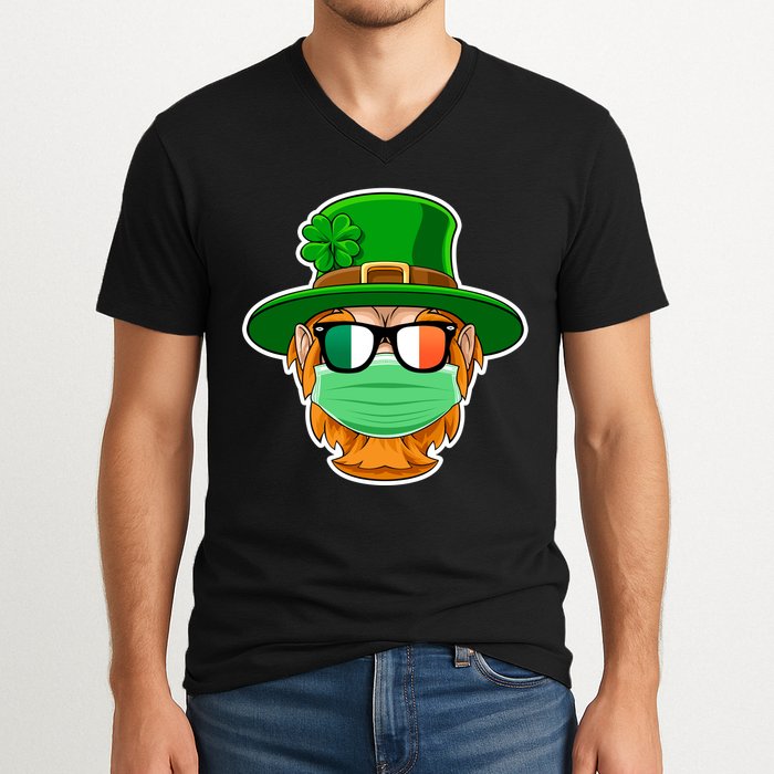 St Patrick's Day Quarantine Leprechaun With Mask V-Neck T-Shirt