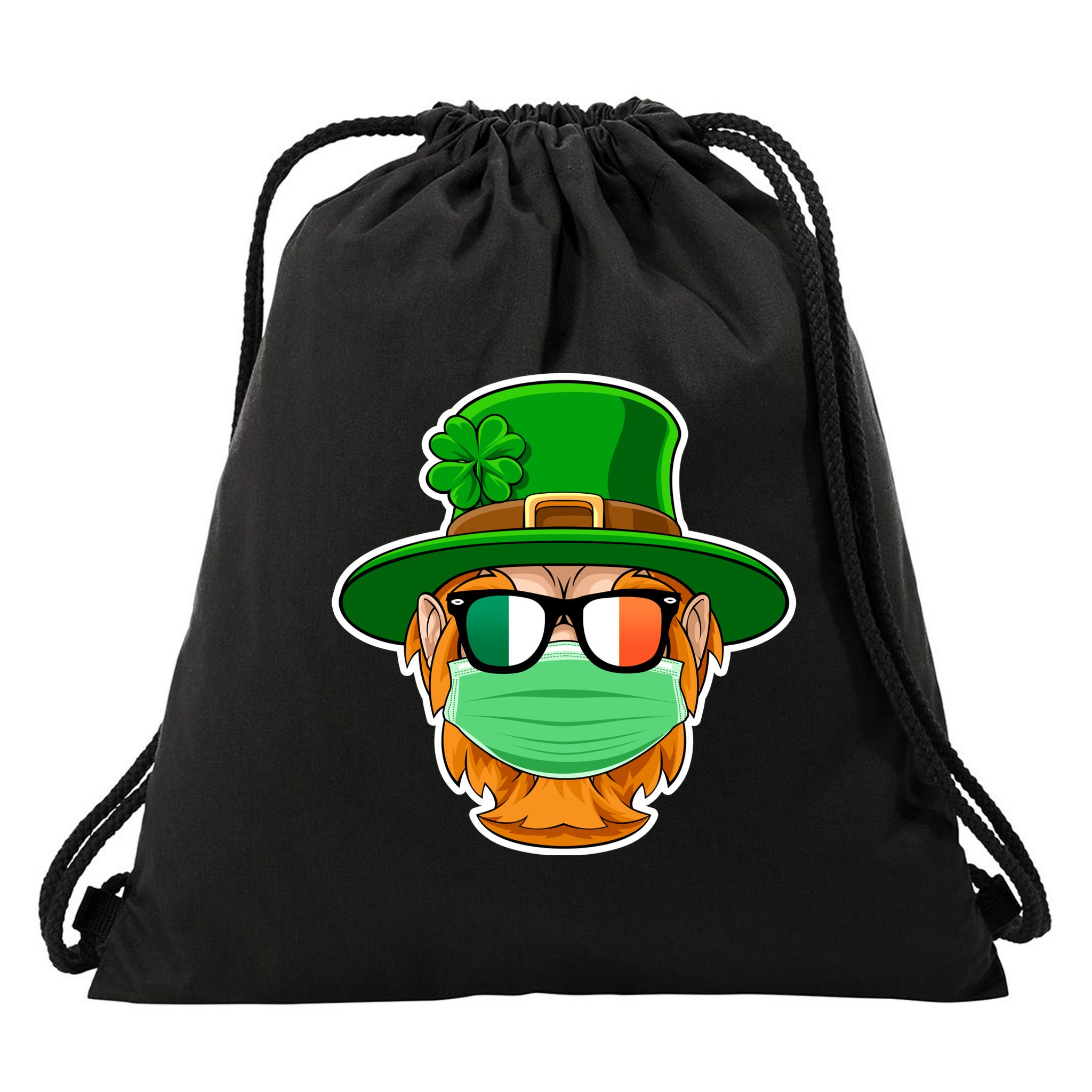 St Patrick's Day Quarantine Leprechaun With Mask Drawstring Bag