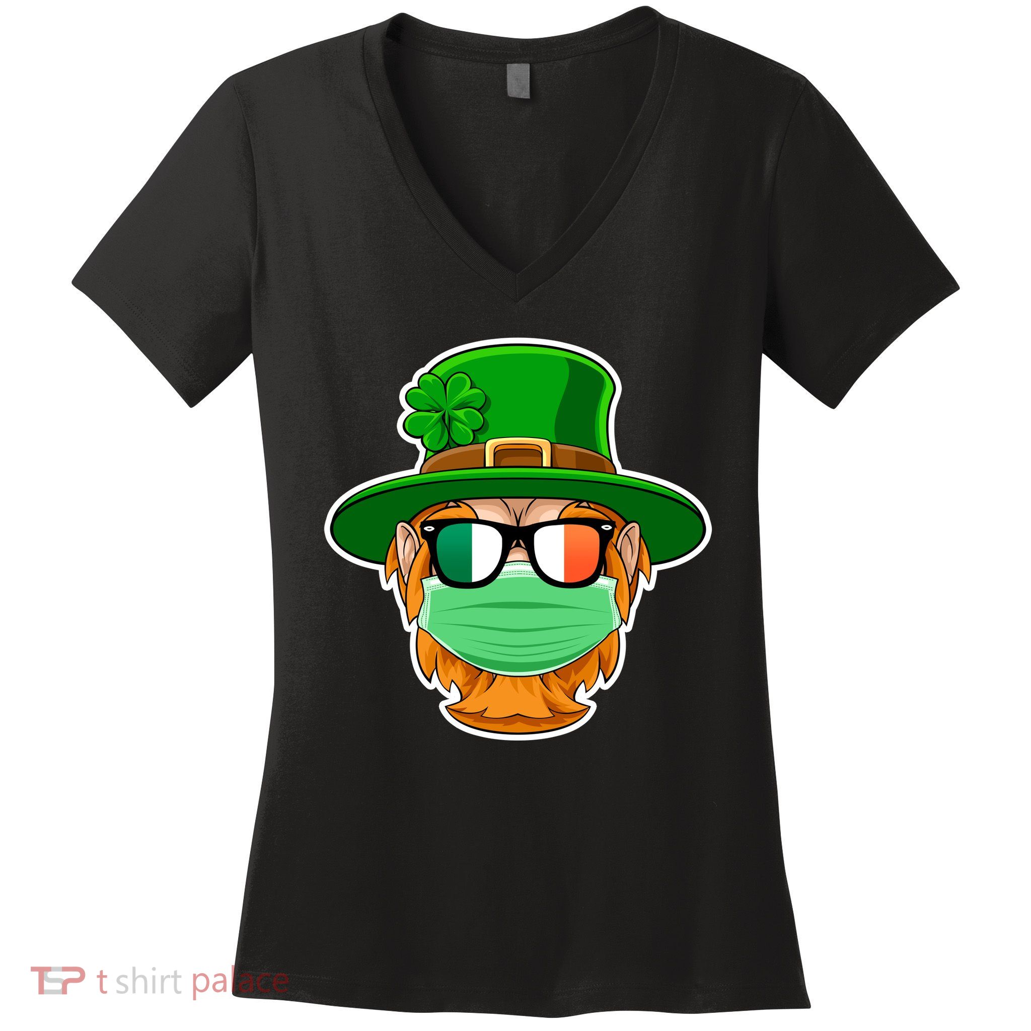 St Patrick's Day Quarantine Leprechaun With Mask Women's V-Neck T-Shirt